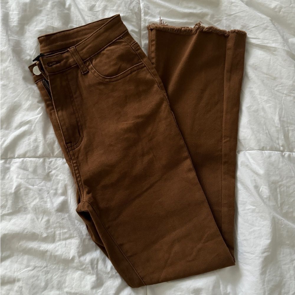 Cider Bootleg Jeans Frayed Bottom Brown Jeans Size S two front and back pockets
